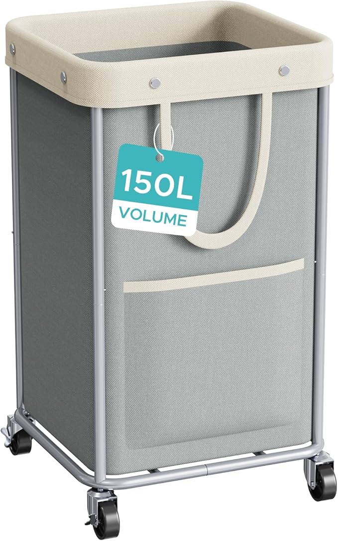 JYPS Laundry Basket With Wheels, 150L Large Rolling Hamper W/Metal Frame & Removable Bag, Waterproof Oxford Fabric, 2 Side Bags, Dirty Clothes Storage Cart For Laundry Room, Dorm, Bedroom, Bathroom