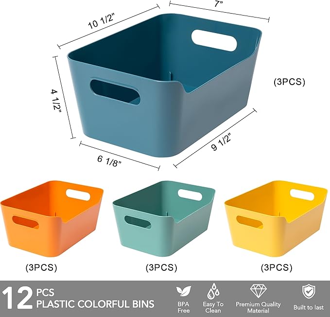 Tiawudi 12 Pack 4.5L Storage Bins, Plastic Storage Baskets for Home Classroom Organization, Multi-Use Organizer Bins for Cabinet, Pantry, Drawer, Closet, Countertop or Shelves, Colorful Containers