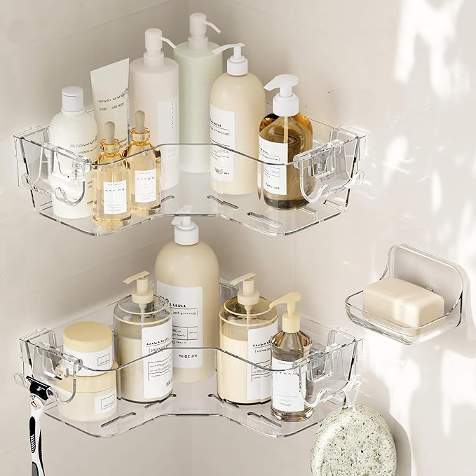 UDD Corner Shower Caddy, Clear Shower Organizer Bathroom Storage Rack with Soap Dish and Razor Holder Hook, Adhesive Wall Shower Shelves for Bathtub Dorm, 3 Pack