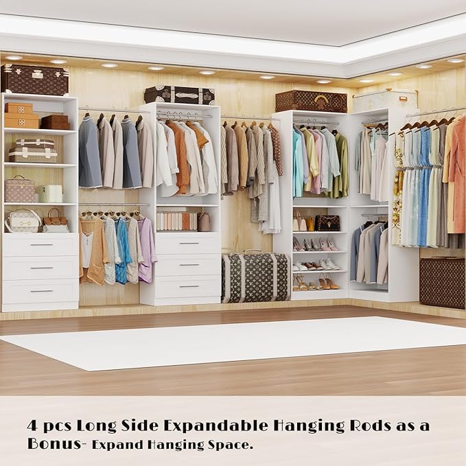 Closet System with 4 Sets, Closet Organizer Systems with 6 Drawers & 8 Hanging Rods & Adjustable Shelves, Walk in Closet Freestanding Closet System Modular Closet System Set White