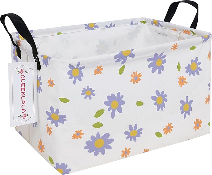 QUEENLALA Rectangular Laundry Hamper/Foldable Nursery Laundry Basket for Organizing/Storage Bin Baskets/Children Toy Office Bedroom/Toy Bin Closet Shelf Baskets（Rec-flowers）