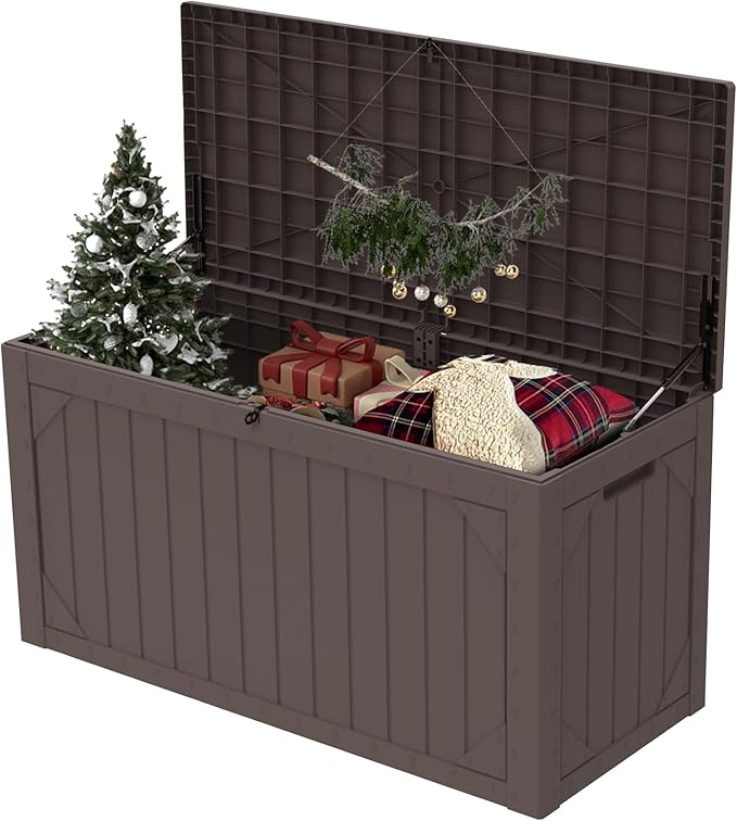 Outdoor Storage Box Waterproof, 100 Gallon Lockable Resin Deck Box Patio Storage Bin for Pool Accessories Cushion Furniture, Garden Tools, UV-Resistant Outside Delivery, Brown