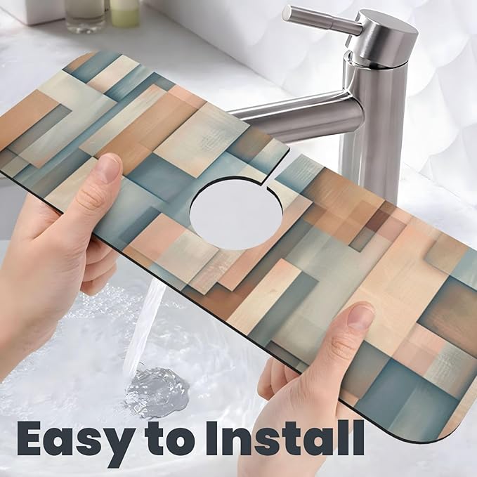 Faucet Draining Mat For Kitchen Sink, Geometric Shapes Brown Beige Diatom Mud Absorbent Drain Pad For Bathroom Kitchen Sink Splash Guard Drying Mat