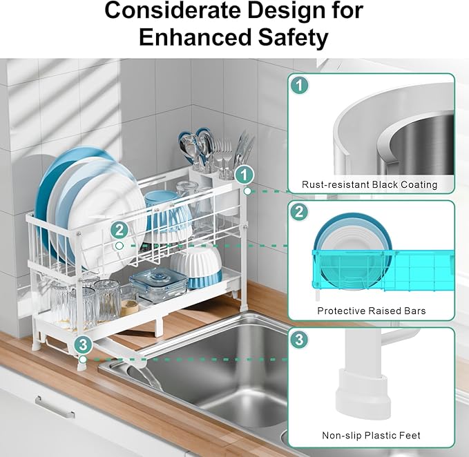 GSlife Narrow Dish Drying Rack - Expandable Small Dish Rack for Kitchen Counter, 2 Tier Adjustable Capacity (15.7''-20.7''L) Dish Drainer Rack with Removable Cutlery Holder, White