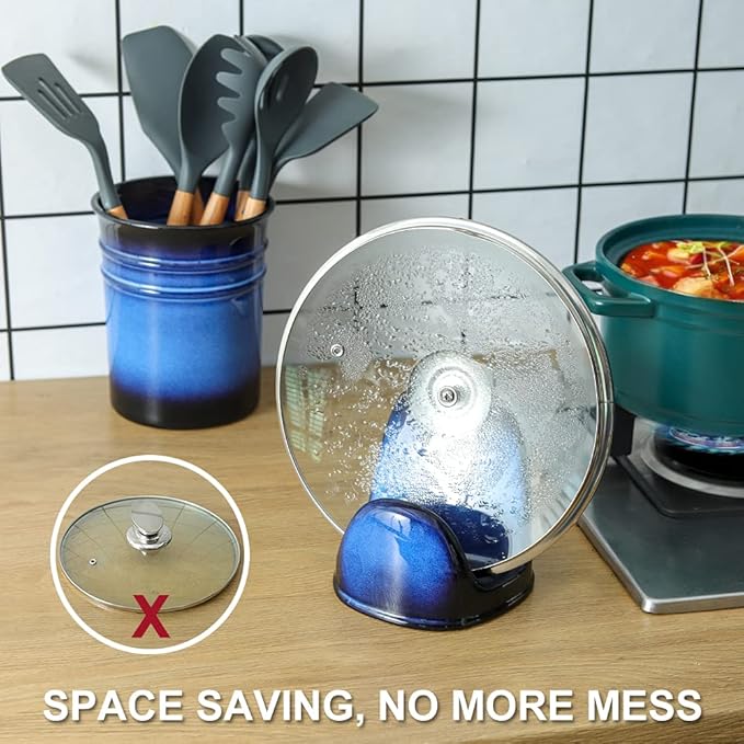 Nihow Pot Lid Holder: Stable Ceramic Pan Lid Holder for Kitchen Counter Decor/Countertop/Stove Top- Heat Resistant & Dishwasher Safe - Elegant Black & Blue Set of 2