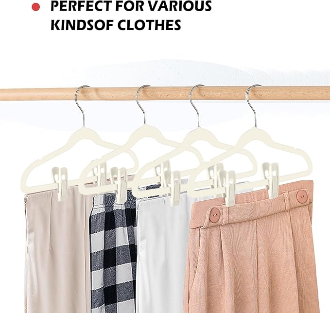 Tinfol Velvet Hanger Clips 80Pack, Ivory Pants Velvet Clips, Clothes Pin Hanger Clip, Strong Finger Flocked Clip Perfect for Slim-line Clothes Velvet Hangers