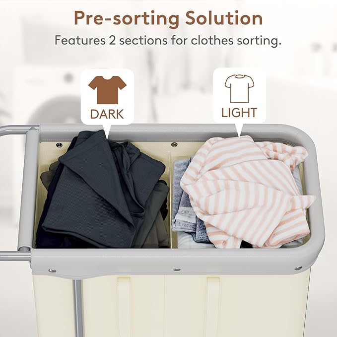Lifewit 150L Large Laundry Basket with Wheels, Tall 2 Section Laundry Hamper Organizer, Rolling Laundry Cart with Steel Frame & Removable Bag for Luandry Room Bathroom Bedroom, White