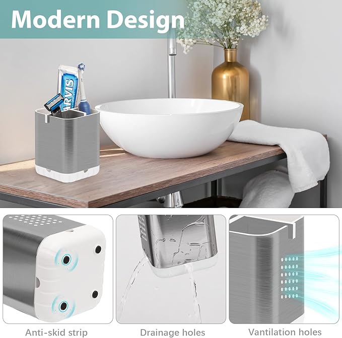 Boperzi Toothbrush Holder Toothpaste Organizer Drainage for Bathroom Vanity, Detachable Anti-Slip Brushed Nickel Toothpaste Storage Caddy 3 Slots with Drainage Holes for Makeup Brush Razor Stand
