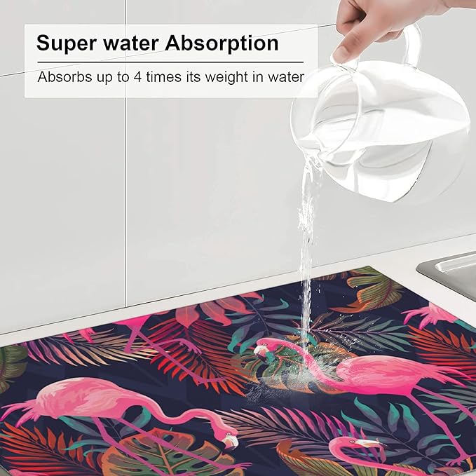 Set of 3 Flamingo and Palm Tree Dish Drying Mat & Kitchen Sink Splash Guard Faucet Mat For Kitchen Counter Absorbent Microfiber Dishes Pad Dish Drainer Rack Mats Fast Dry Kitchen Accessories