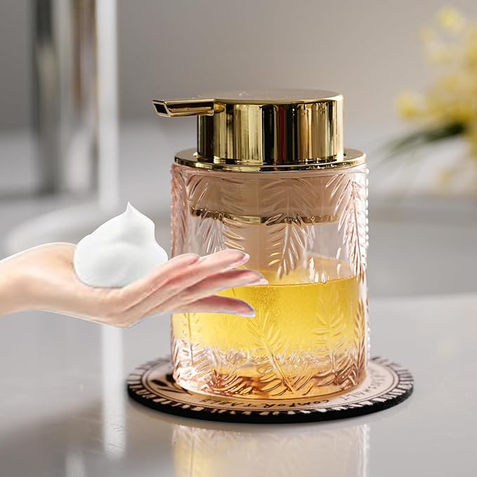 Glass Foam Soap Dispenser for Kitchen & Bathroom - Refillable Lotion Dispenser with Large Gold Pump (Leaf Pattern-Pink)