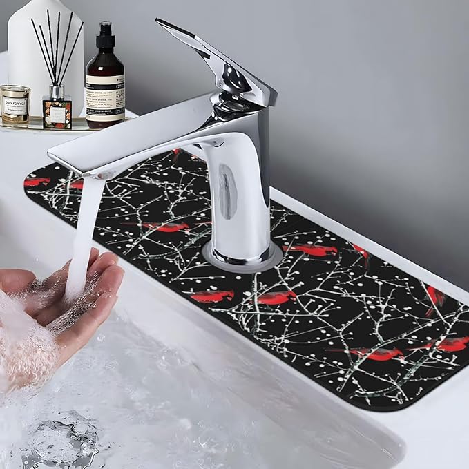 Faucet Draining Mat For Kitchen Sink, Red Bird Winter Red Cardinals Diatom Mud Absorbent Drain Pad For Bathroom Kitchen Sink Splash Guard Drying Mat
