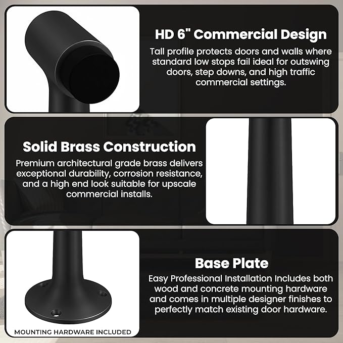 Heavy Duty 6″ Door Stop, Solid Brass Commercial Grade, Floor Mount Stopper (Matte Black)