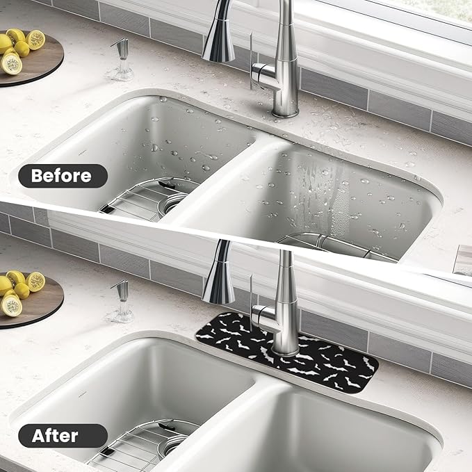 Halloween Cool Black Bat Kitchen Sink Splash Guard Faucet Mat Super Absorbent Fast Drying Mat Sink Gadgets-Fast Drying Pad Sink Mat For Kitchen Bathroom (15" X 5.5" )