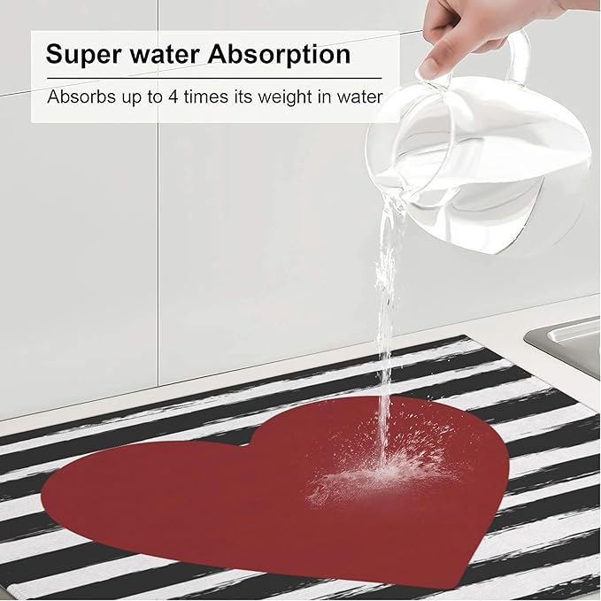 Set of 3 Red Heart Dish Drying Mat & Kitchen Sink Splash Guard Faucet Mat For Kitchen Counter Valentine's Day Absorbent Microfiber Dishes Pad Dish Drainer Rack Mats Fast Dry Kitchen Accessories