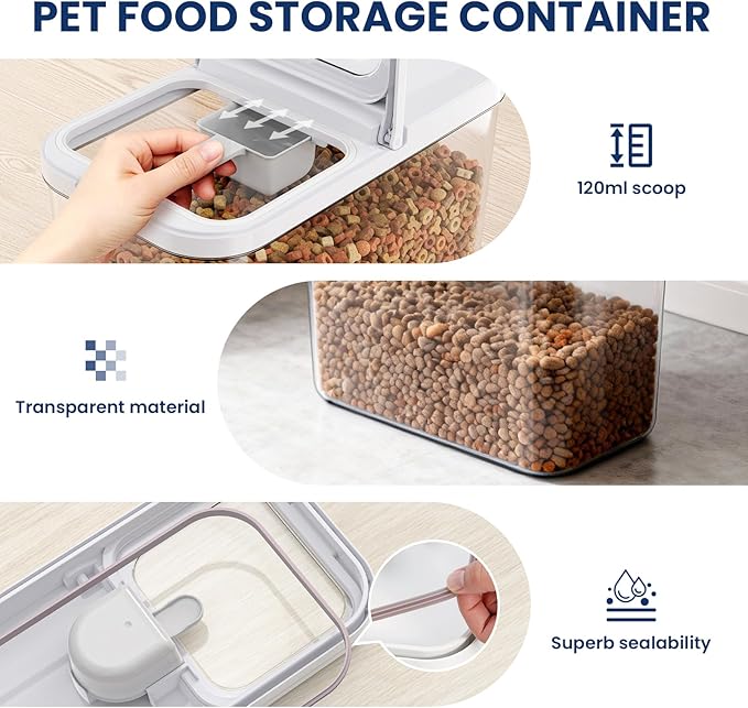 12 Lbs Airtight Dog Cat Food Storage Container and Dog Treat Containers BPA-Free, PET Clear Stackable Pet Storage Bin, 1-Cup Scoop, 1-Sponge cleaning brush, Pop Top, With handle, Easy Mobility
