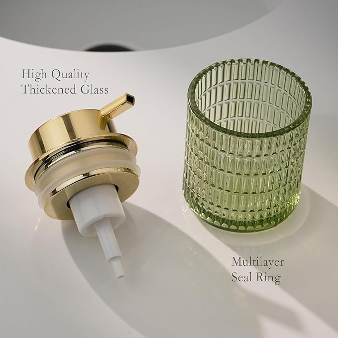 Glass Foam Soap Dispenser for Kitchen & Bathroom, Refillable Lotion Dispenser with Large Gold Pump(Striped Pattern-Green)