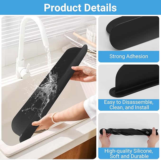 19.29 inch Sink Water Splash Guard, Silicone Sink Splash Guard, Backsplash Protector for Kitchen Countertop & Bathroom Bathtub with Non-Slip Strong Suction, Black