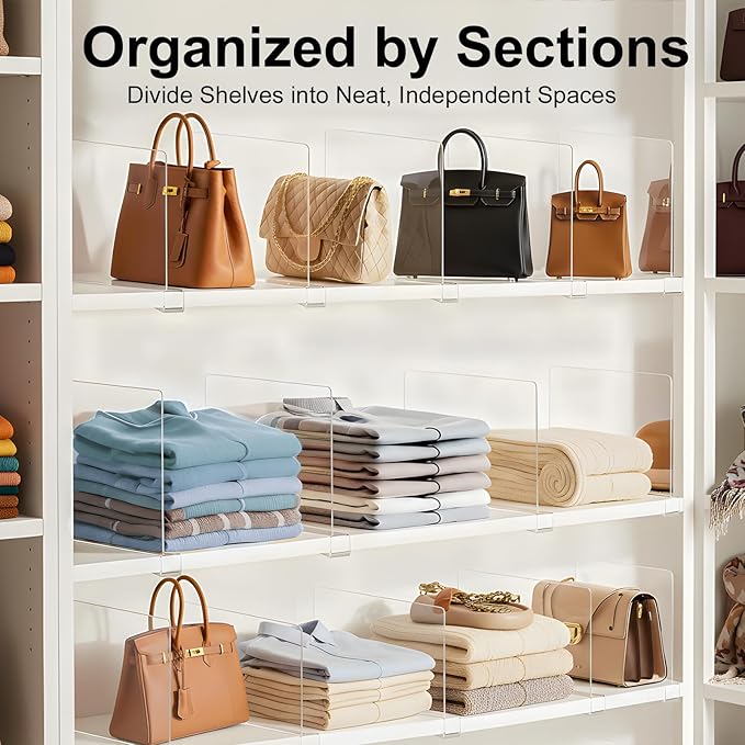 Purse Organizer for Closet Shelf Dividers: 6-Pack Adjustable Clear Acrylic Bag Storage Organizer for Handbags, Sweaters, Towels, Jeans and Shoes on Wood Shelves