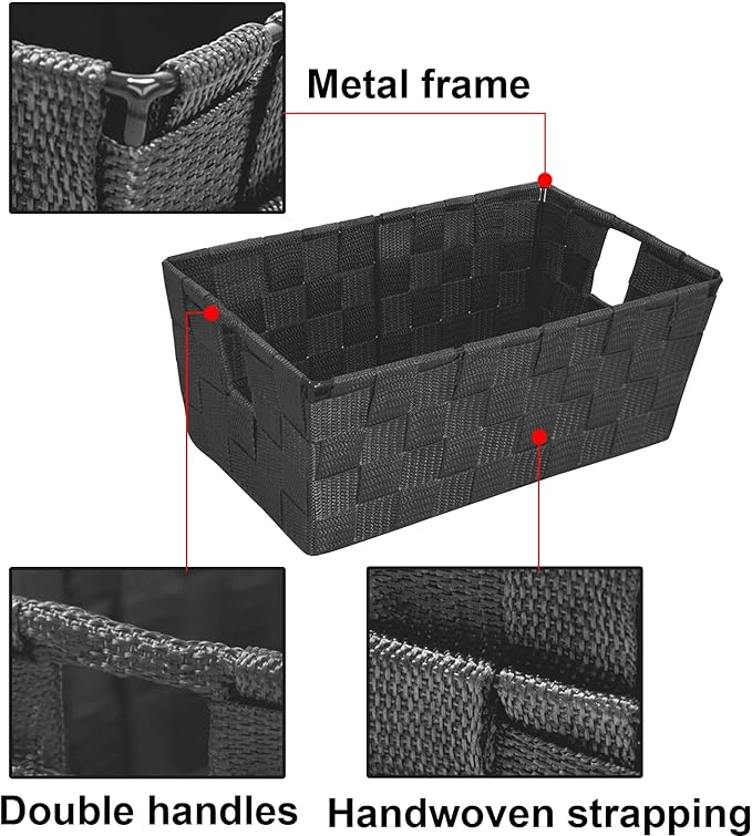 homyfort Storage Baskets for Organizing, Woven Organizer Baskets for Shelves, Small Strap Shelf Baskets for Bathroom Storage, Grey, Set of 4