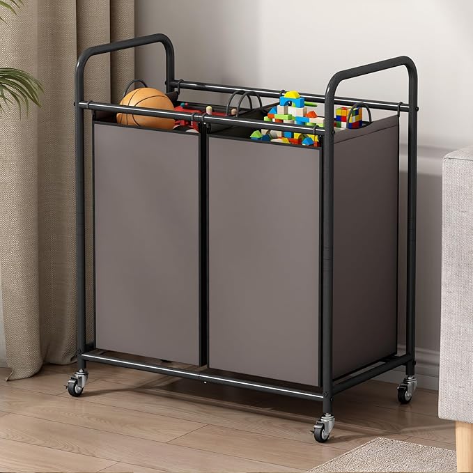 SUOERNUO Laundry Hamper Basket 2 Bag Laundry Sorter Cart with Rolling Lockable Wheels and Removable Bags Laundry Organizer Cart for Clothes Storage, Assorted