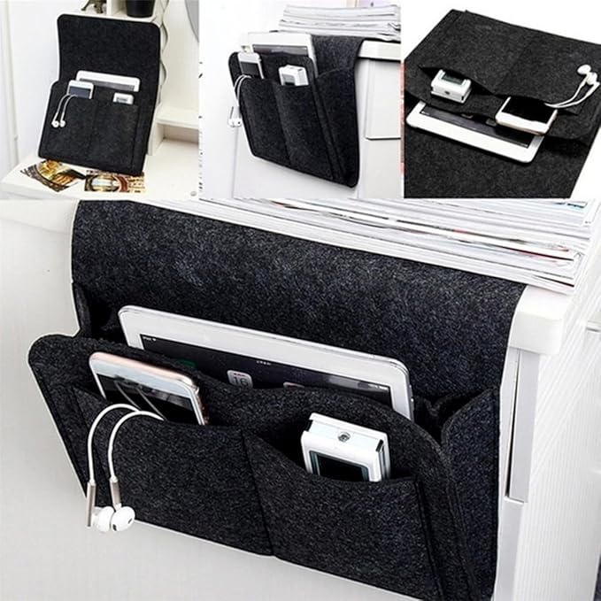 Bringsine 5 Pockets Bedside Caddy, Felt Bed Storage Organizer Hanging Bag Holder for Magazine Book Phone Tablet iPad Cables Remote and Glasses Holder Home Dorm Bed Sofa-Black