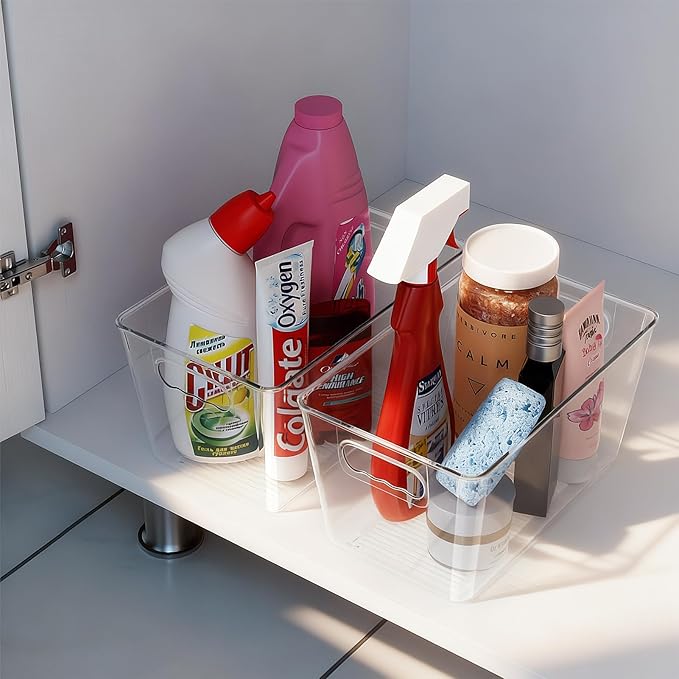KJIXYUNG Clear Pantry Organizer Bins, Storage Containers & Plastic Containers with Handle, Cabinet Organizer, Home Organization Must Haves for Kitchen, Laundry Room, Office, Closet & Freezer (6 Pack)