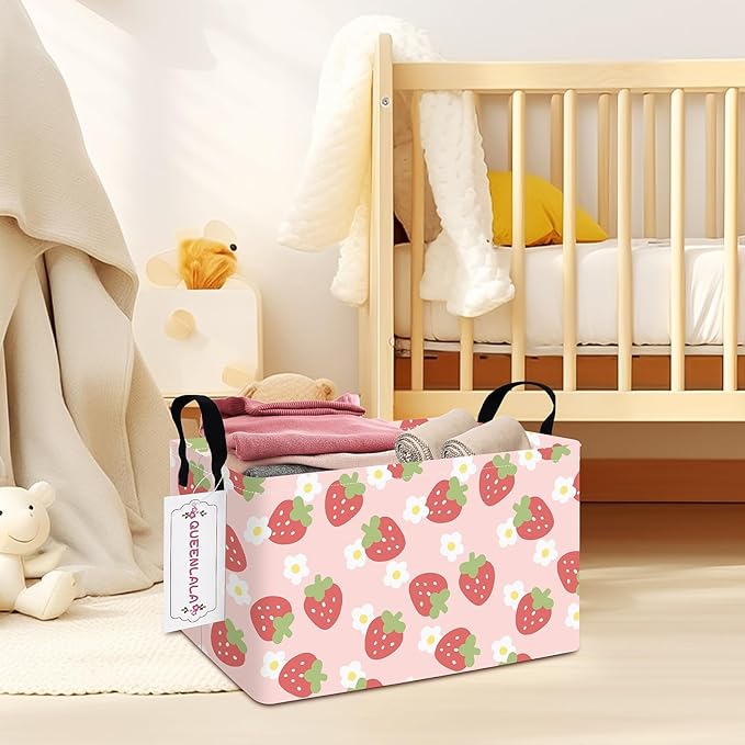 QUEENLALA Rectangular Laundry Hamper/Foldable Nursery Laundry Basket for Organizing/Storage Bin Baskets/Children Toy Office Bedroom/Toy Bin Closet Shelf Baskets（Rec-Pink Strawberry）