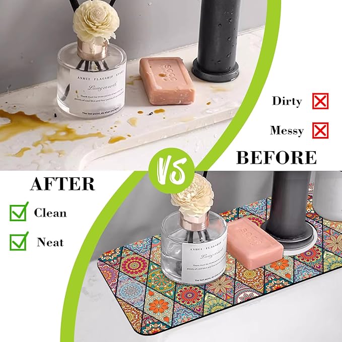 Sink Faucet Absorbing Mat Bohemian Textile Rug Texture Sink Splash Guard Drying Mat for Kitchen Bathroom Faucet Sinkmat 15.5"X5.5"