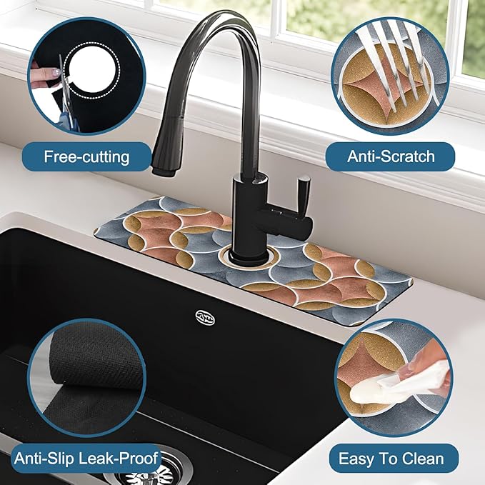 Geometric Printing Sink Faucet Absorbing Mat Ceramic Tile Texture Super Absorbent Fast Drying Mat Sink Gadgets Behind Faucet Sinkmat for Kitchen Bathroom, 15.5"x5.5"