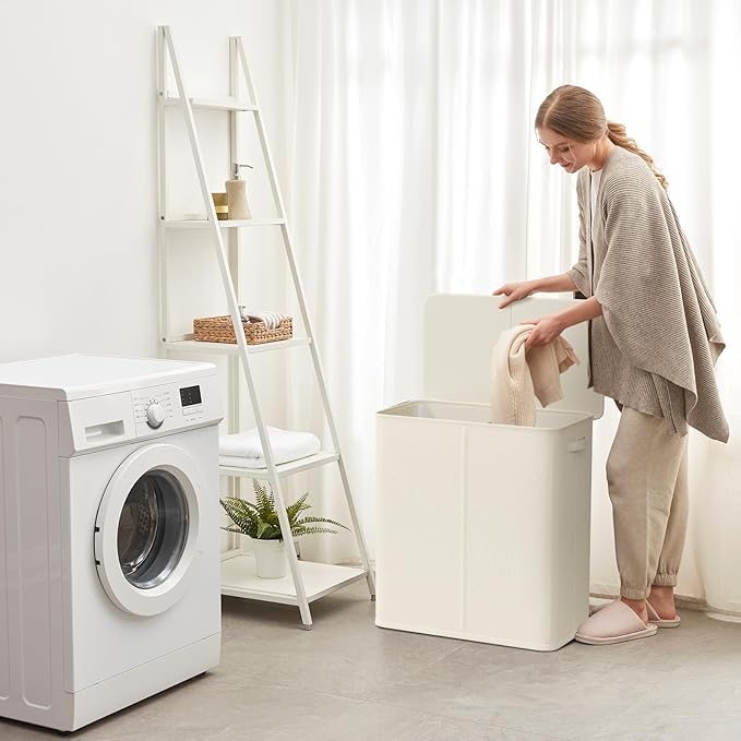 Lifewit Double Laundry Hamper with Lid and Removable Laundry Bags, Large Collapsible 2 Dividers Dirty Clothes Basket with Handles for Bedroom, Laundry Room, Closet, Bathroom, College, 145L White