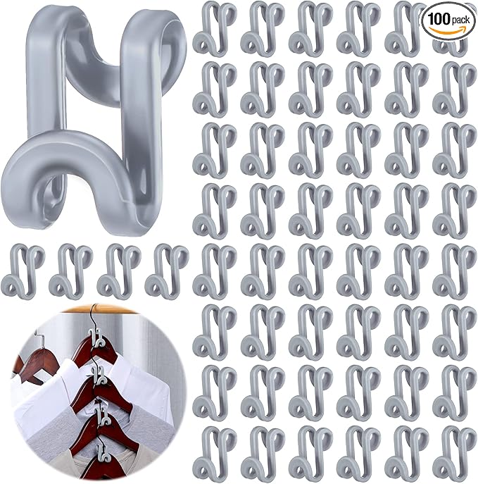 Unittype 100 Pcs Space Saving Hanger Hooks, Clothes Hanger Connector Hooks, Heavy Duty Space Saver Extender Clips for Closet Organizers (Gray)
