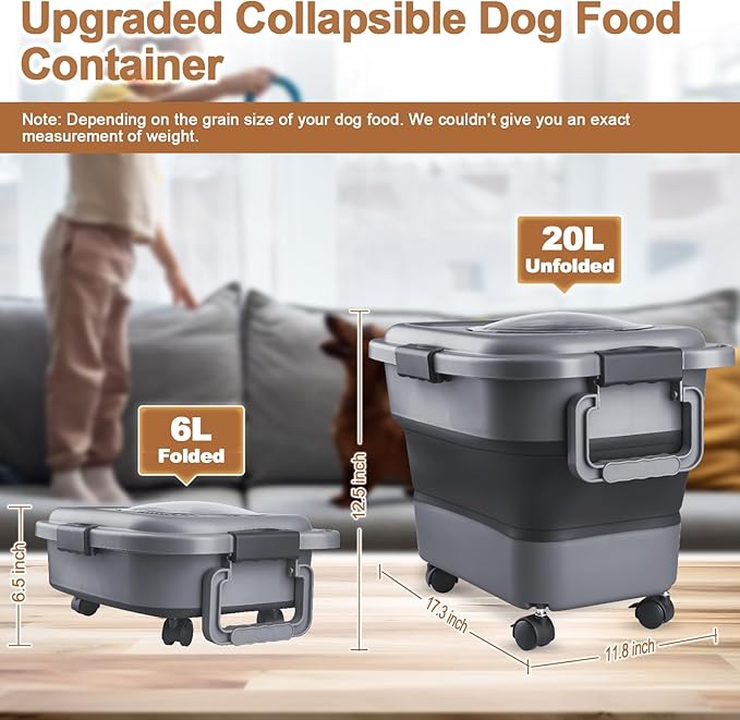 Dog Food Storage Container, 10-20 lbs Airtight Collapsible Cat Food Storage Container with Attachable Wheels, Portable Handle, Dog Food Scoop for Dog Cat Bird Pet Dry Food Storage Bin Dark Grey