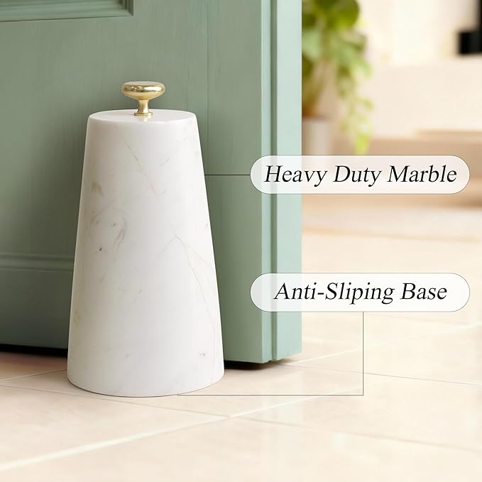 Marble Decorative Door Stoppers, Natural Marble Stone Doorstop with 2 Brass Handle. Heavy Duty Door Stop for Modern Home Decor. Anti-Slip Silicone Base Indoor Door Holder, Weighted Door Stop - White