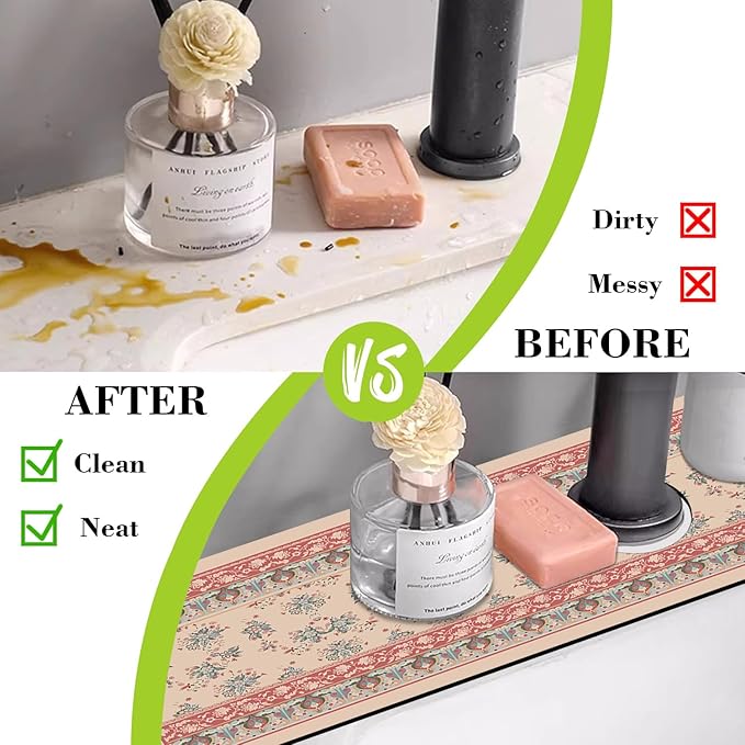 Sink Splash Guard Faucet Mat Retro Boho Flowers Absorbent Fast Drying Mat Sink Gadgets Splash Guard Behind Faucet Drip Catcher for Kitchen Bathroom 23.5"X5.5"