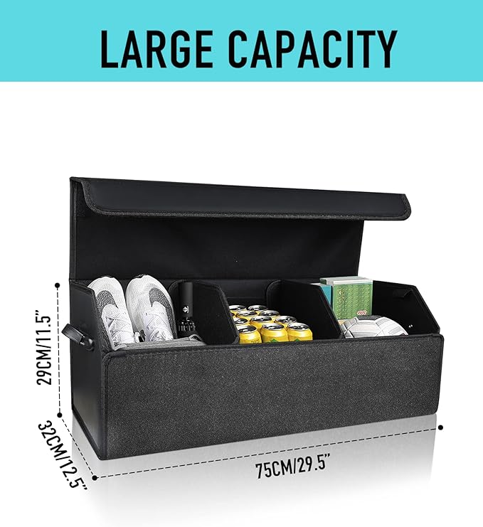 Car Organizers for Trunk for Suv Sedan, Leather Storage Box,Extra Large,Magnetic Lid,Collapsible and Adjustable, S004, Black