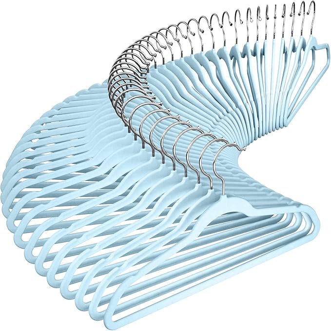 Velvet Clothes Hangers (50 Pack) Heavy Duty Durable Suit Hanger Vibrant Color Hangers Lightweight Space Saving Coat Hangers for Closet -Light Blue