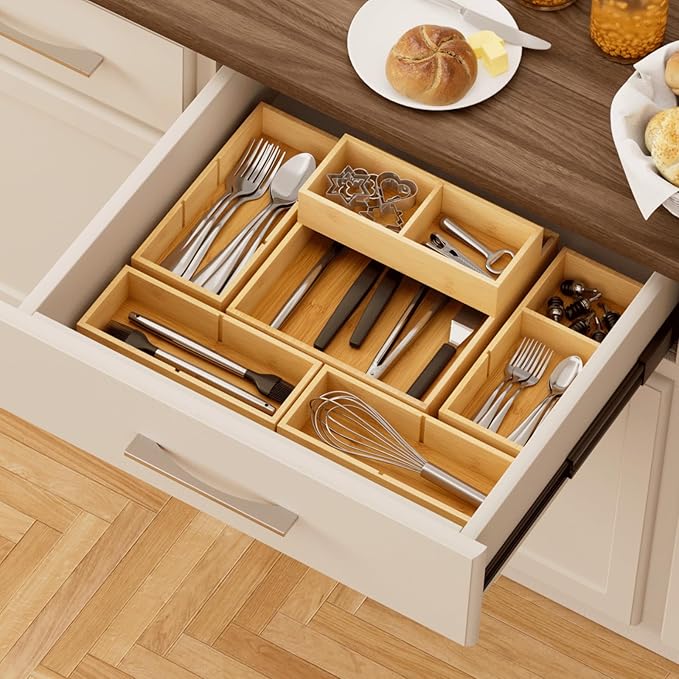 Lifewit Drawer Organizer 15 Pack(33 Grid) with 18 Inserts, Wooden Adjustable Desk Drawer Divider Trays, Storage Bins for Makeup, Kitchen Utensils, Vanity Accessories in Office/Bathroom/Bedroom