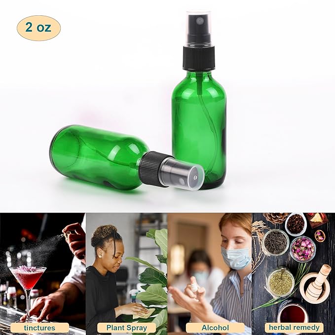 Green Glass Small Spray Bottle 2 oz 24 Packs,Fine Mist Sprayer Small Clear Bottles,Refillable Containers mini spray bottles for Cleaning Solutions and Skin Care (Green 24pcs)