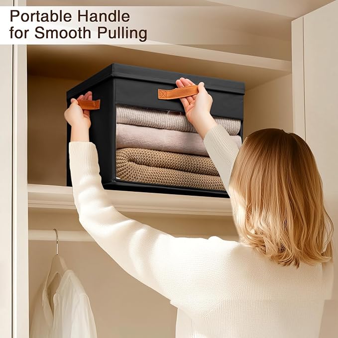 Large Storage Bins with Lids - 3 Pack Foldable Decorative Organizers with Clear Windows & Handles, Cube Storage Organizers for Clothes, Blankets, Sweaters, Sheets, Black