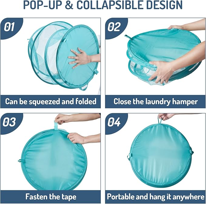 Mesh Popup Laundry Hamper 115L Collapsible Laundry Basket No Lid Extra Large Capacity Foldable Clothing Storage Basket with Handles 26 H x 18 W x 18 L (Turquoise Blue)