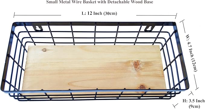 Small Metal Wire Basket Detachable Wood Base Storage Organizer Bathroom Counter Storage Organizer for Makeup, Perfume & Skincare，1 Pack in Black Color