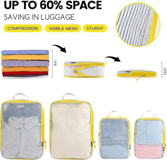 Lightweight Compression Packing Cubes for Suitcases, Compressible Expandable Travel Packing Organizer with Clear Toiletries and Backpack Bag, Travel Essentials for Carry on Luggage 7 Set