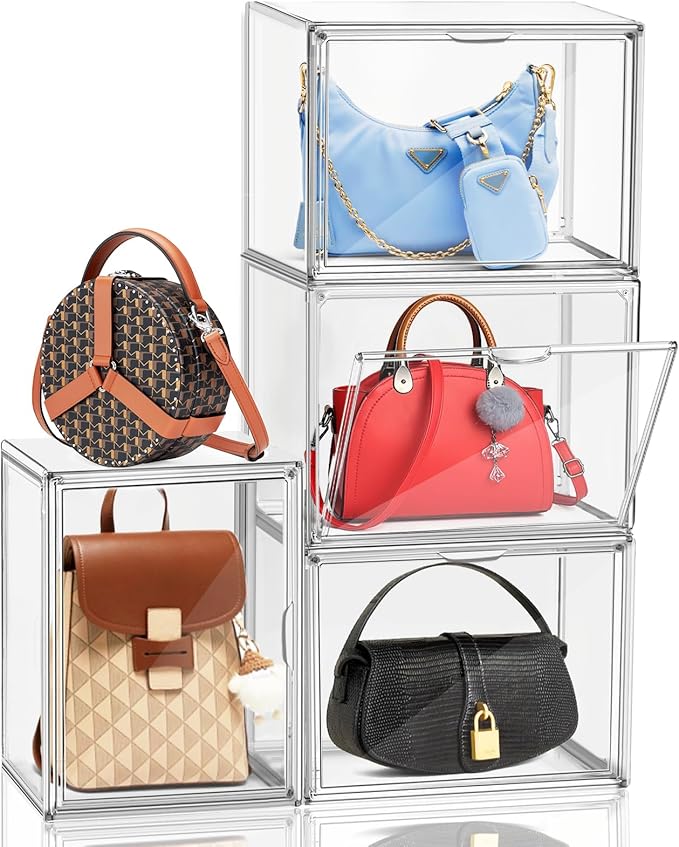 4Pack X-Large Purse Organizer for Closet Clear Acrylic Display Case for Handbag Organizer, Purse Storage Box with Magnetic Door, Dustproof Storage Bins for Collectibles, Size 14