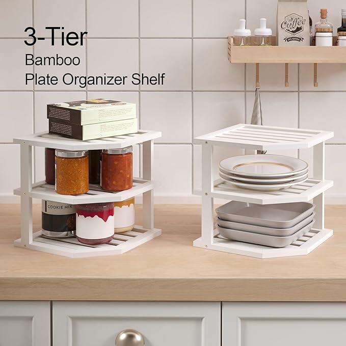 3 Tier Bamboo Corner Shelf(4 Pack),Dish Drying Rack,Plate Organizer,Kitchen Spice Rack for Countertop and Cabinet(White)