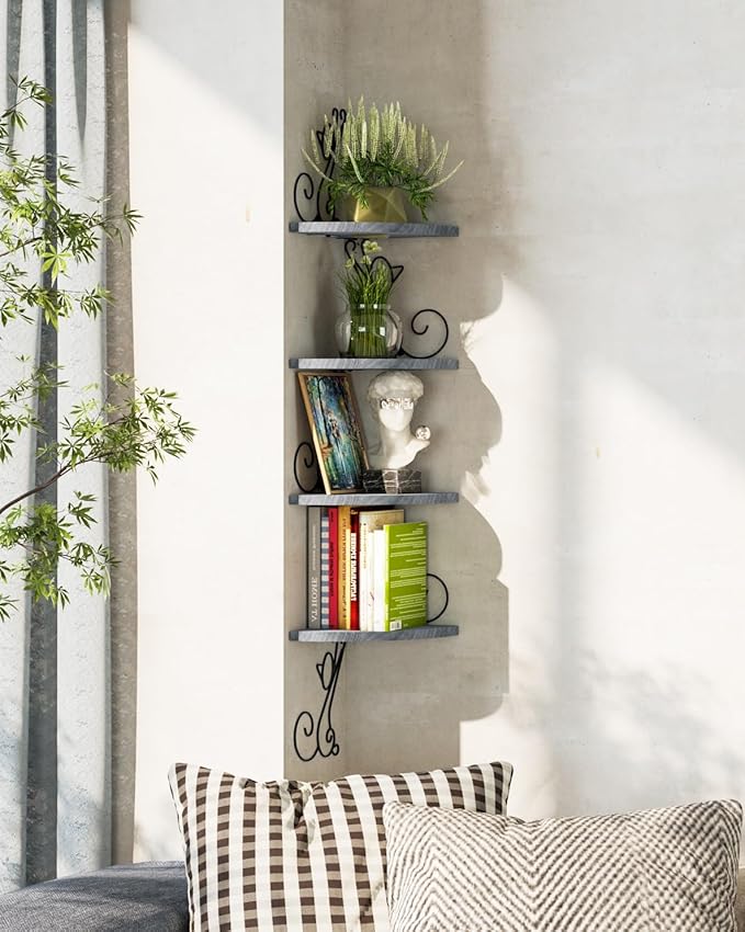 Alsonerbay Wall Mount Corner Shelves 4 Tier Floating Corner Storage Wood Shelves Decorative Rustic Radial Shelf in Cat Shape Weathered Grey
