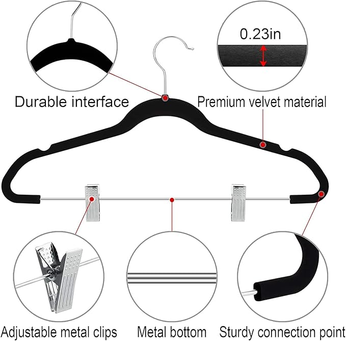 TIMMY Premium Black Velvet Hangers with Clips - 30 Pack Closet Organizers for Jeans, Trousers, Skirts | Rust-Resistant Metal Hooks, Space Saving Design for Wardrobe Storage