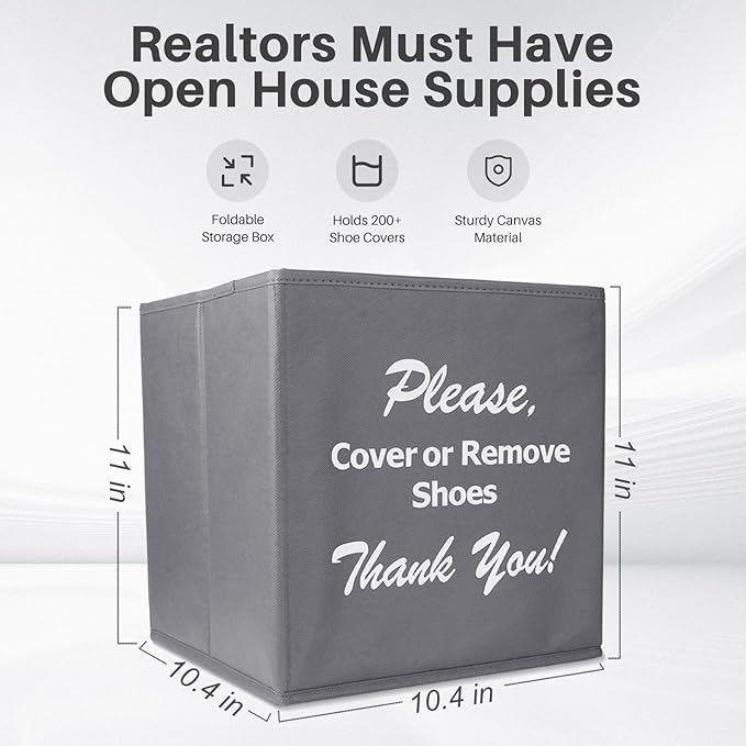 Opret Large Shoe Cover Box Grey, Real Estate Agent Supplies, Disposable Shoe Cover Dispenser Box for Open House, Please Cover or Remove Shoes, Foldable Storage Bin for Bootie