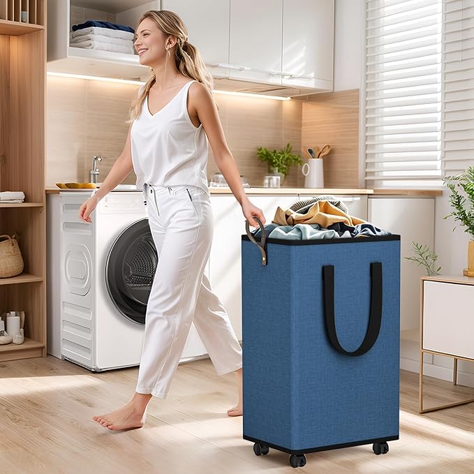 Laundry Basket with Wheels, Collapsible Laundry Baskets, Laundry Hamper with Handles Detachable Wheels, Rolling Laundry Basket, Dirty Clothes Hamper for Bathroom, Dorm, Bedroom, Navy, 100L