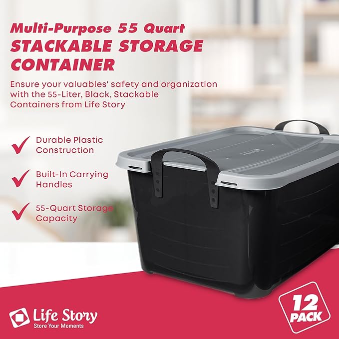 Life Story 12 Pack Heavy Duty Stackable Storage Bin, 55 Quart Home Organizer, Versatile Lightweight Locking Bins with Carrying Handles, Black/Gray