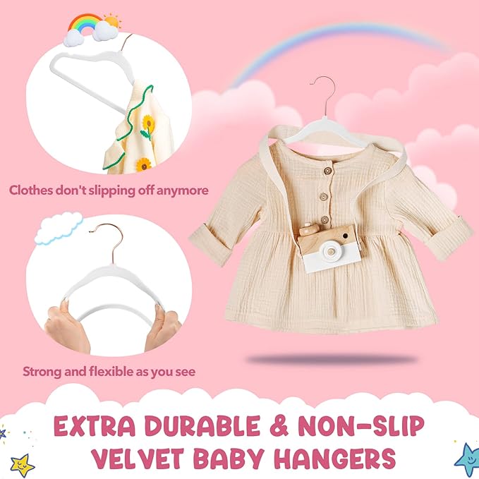 HOUSE DAY Velvet Baby Hangers for Closet, Kids Hangers Velvet 60 Pack, Non Slip Toddler Hanger 11.8 Inch, Durable Childrens Hanger for Newborn Baby Clothes- White